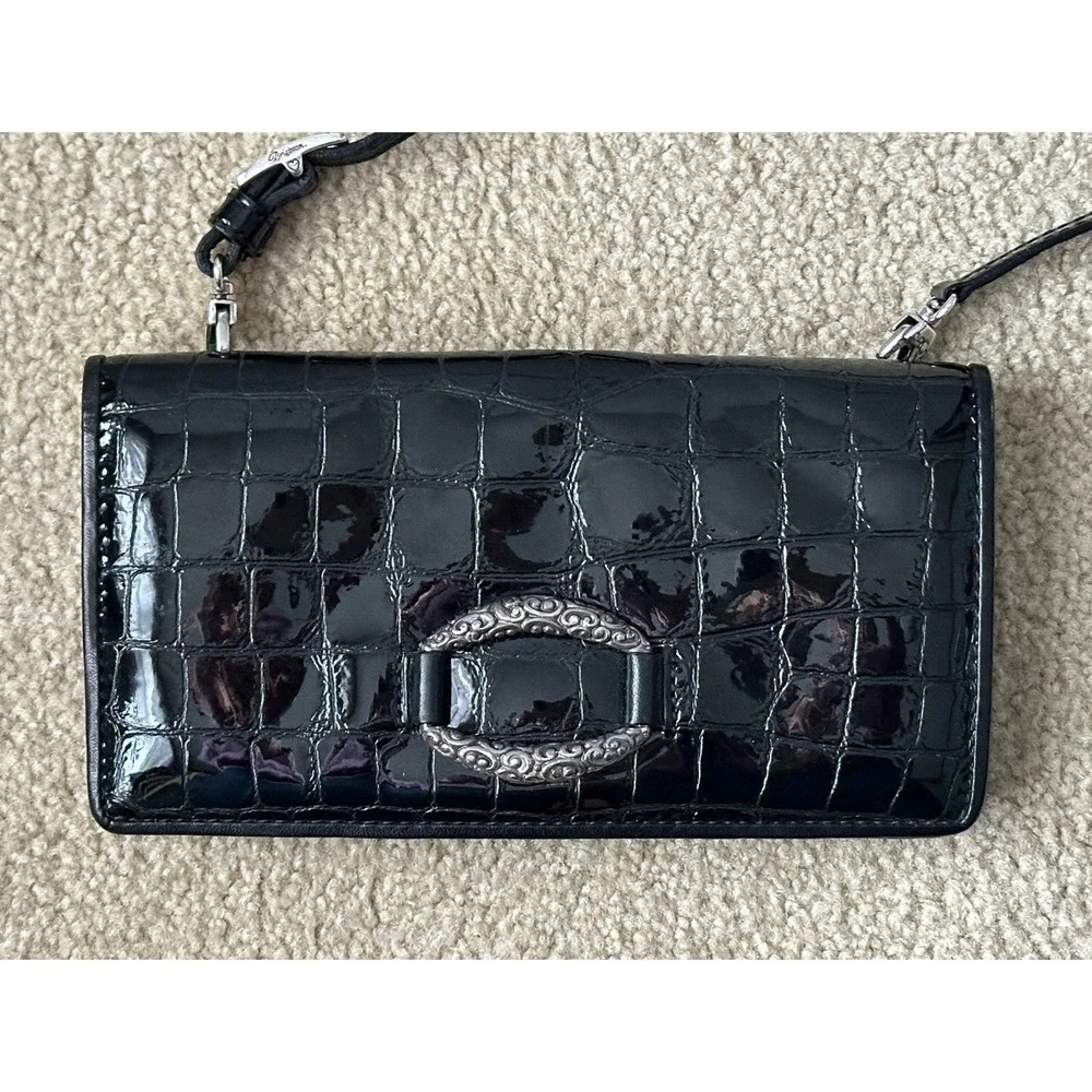 Brighton Patent Leather WALLET Crossbody Convertible‎ Clutch BLACK Croc Tri Fold